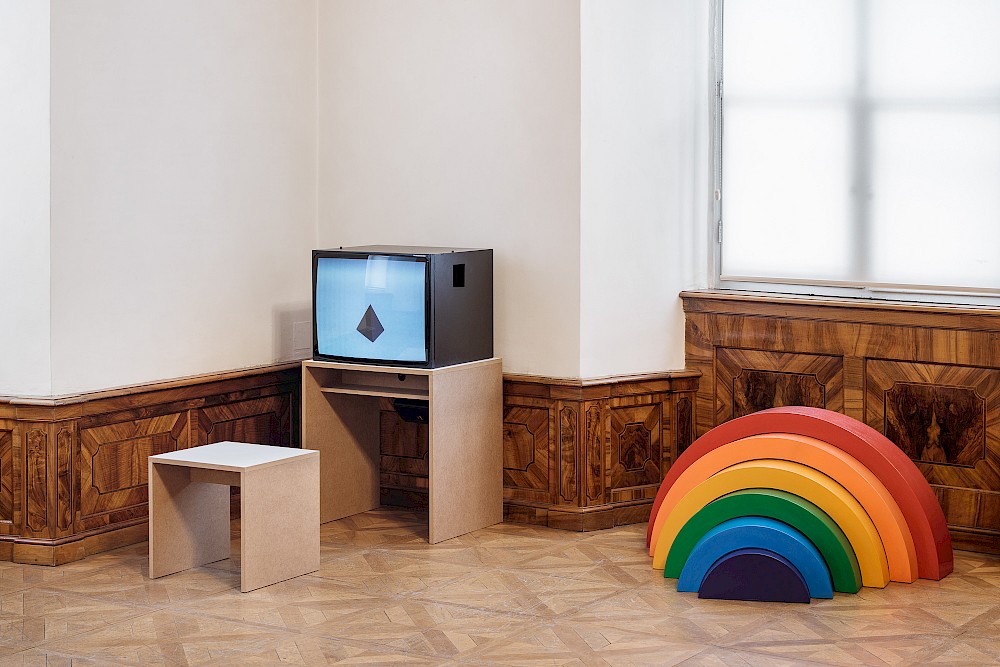 Tree Identification for Beginners, 2017, 16 mm film transferred to video, color, sound, 36 minutes and Rainbow, 2018, wood, paint, consisting of 6 elements, various dimensions, smallest size 121 × 59 × 18.5 cm