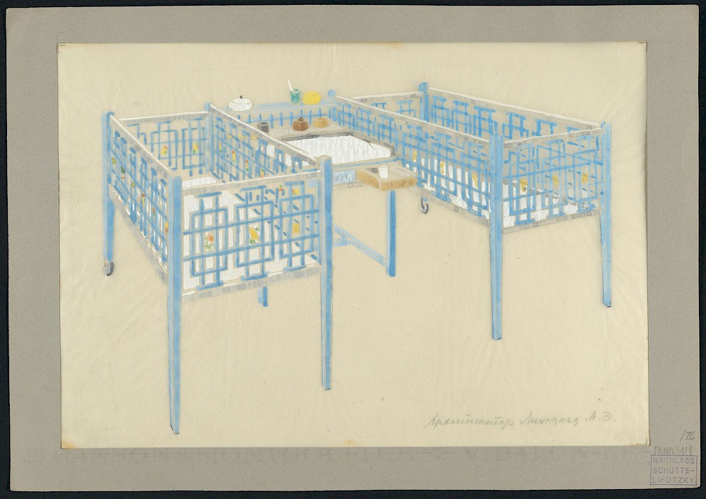 Nursery school furniture, two cots, blue, parallel